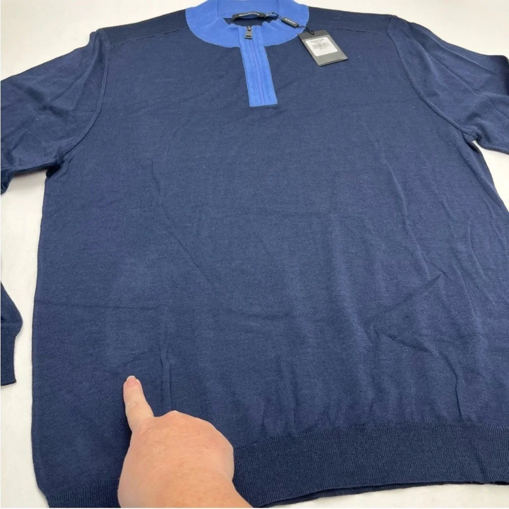 Bugatchi Quarter Zip 100% Merino Wool XL Navy Blue Long Sleeve Sweater NEW *FLAW